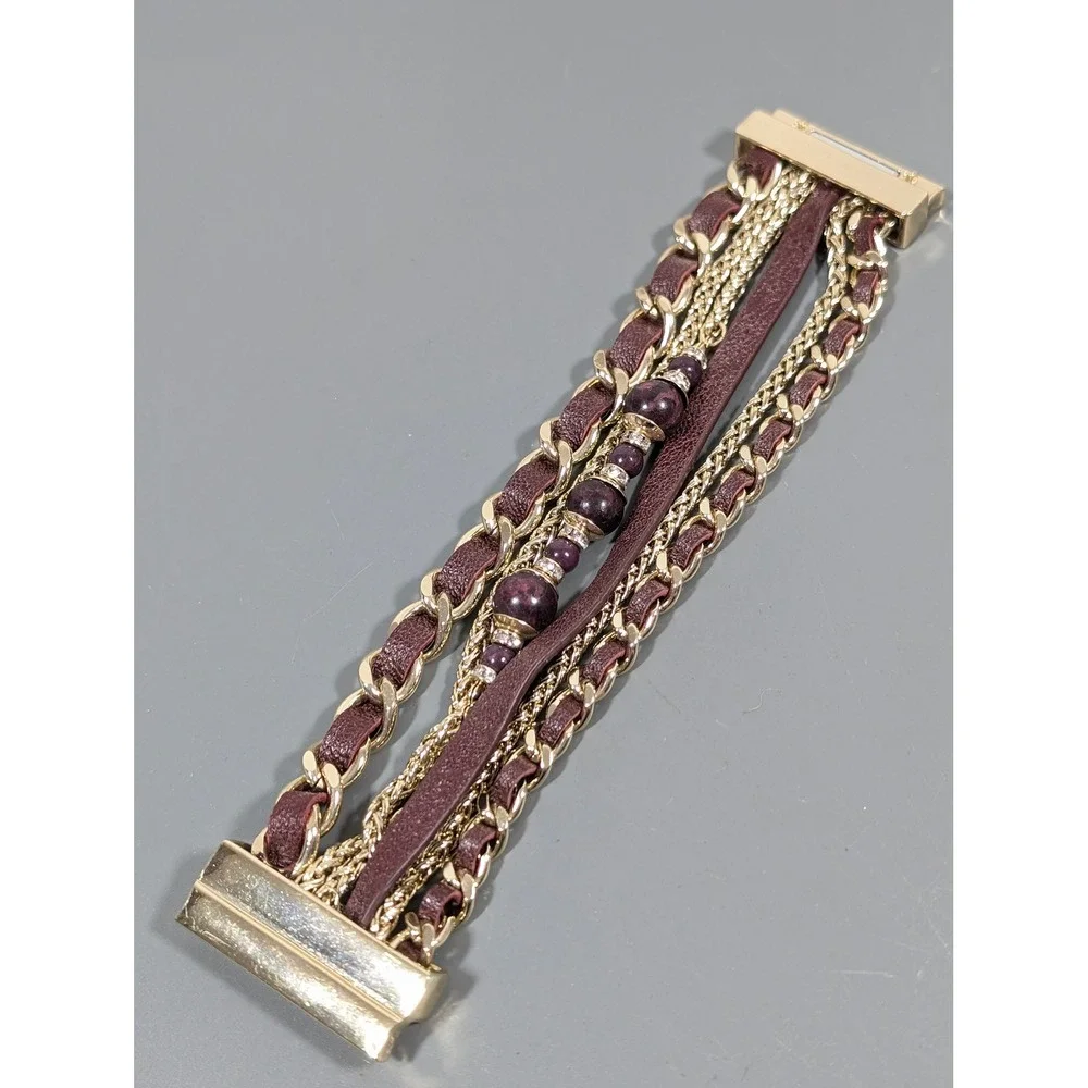 Wide Brown Faux Leather Multi Chain Bracelet Gold‎ Tone Boho Western 7.5